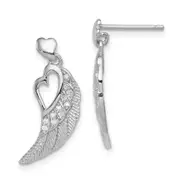 Sterling Silver Rhodium-Plated Polished & Textured Cz Open Heart Wings Post Dangle Earrings