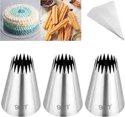 Kasmoire 3Pcs Churro Piping Bags and Tips Set,Stainless Steel 9FT Icing Tips Set with 10Pcs Disposable Piping Bags,Open Star Pastry Tips for Cake Decorating