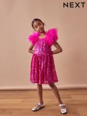 Pink Puff Sleeve Sequin Party Dress (3-14yrs) (K89850) | $96 - $109