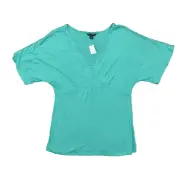 NEW Banana Republic Women's Size M Blouse Top Short Sleeve Green Solid Rayon V-N