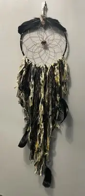 Dream Catcher 8” Dia w/ Sari Streamers, Feathers, Fairy Lights, Obsidian Stone