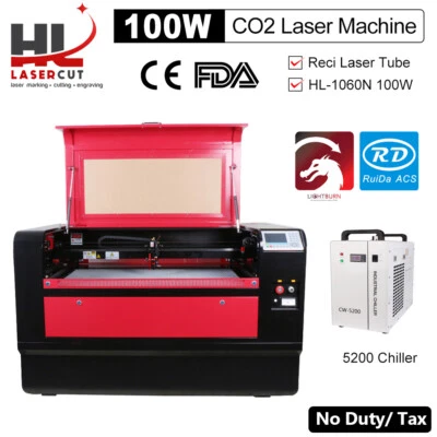 RECI W4 100W 1060N CO2 Laser Engraving Cutting Machine Ruida 6445 CW5200 Chiller