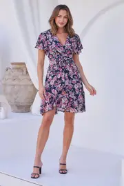 Sabina Chiffon Cross Over Navy/Pink Floral Print Dress