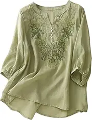 [Generic] Ruffle Women Blouse Solid Color Embroidered Flower Cotton and Linen V Neck Five Points Sleeve Top Sexy Sheer Blouses for Women