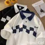 「MOMO STYLE」夏日系POLO衫 女短袖美式 復古T恤 韓版學院風 拼接寬鬆 百搭上衣服.