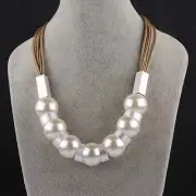 Pearl Imitation Silver Metal Brown Cord Adjustable Size L88