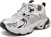 [Beau Today] Chunky Sneakers for Women Fashion Platform Sneakers for Women Casual Leather Non-Slip Dad Shoes for Women Comfortable Lace-up Wide Width Tennis Shoes