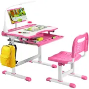 Costway Adjustable Study Desk&Chair Set w/Book Stand&LED Light for Reading Writing Pink