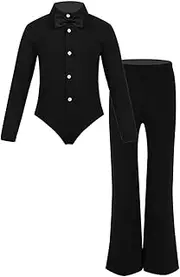 [Lejafay] Kids Boys Jazz Latin Dance Outfit Lapel Long Sleeve Romper Shirt with Bow Tie and Flare Pants Set
