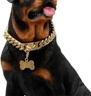 Gold Dog Chain Choke Collar,solid Cuban Link Strong, Heavy Duty Chew Resistant With Design Secure Buckle And Blank Bone Shape Id Tag12in