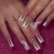 Luxury Press-On Nails, White and Pink French Tips with Gold Glitter, 3D Flower Design, Long Square Style, 24 Pieces
