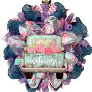 Welcome Blue Floral Truck Handmade Deco Mesh Wreath