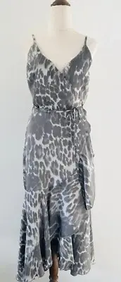 Decjuba Wrap Dress Size 10 Grey Leopard Print Ruffle Hem Adjustable Strap Long