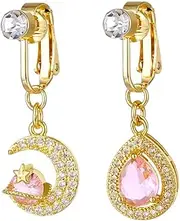 [Niaspi] 2Pcs Pink Crystal Moon Teardrop Fake Belly Button Rings for Women 18K Gold Plated Stainless Steel Non Piercing Dangle Belly Navel Rings Fake Belly Jewelry, Stainless Steel, cubic zirconia
