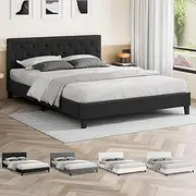 ALFORDSON Bed Frame Base Double Size, Bed Platform Foundation with Linen Fabric Upholstered Tufted Headboard for Mattress Topper, Madelyn Fabric Charcoal