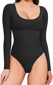 [FLYTENG] Women's Black Long Sleeve Bodysuit - Sexy & Comfortable Stretchy Tops - Shapewear Scoop Neck Slimming Body Suit for Women