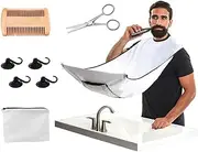 Beard Apron Shave Trimmer Bib - 5 Pieces Set - Beard Bib + Wooden Comb + Metal Scissor + 4 Pcs Suction Cups + Bez Bag - The Perfect Shaving Set You Need For A Clean Shave