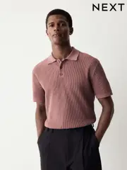 Blush Pink Regular Fit 100% Cotton Short Sleeve Knit Textured Rib Polo Shirt (E99838) | $55