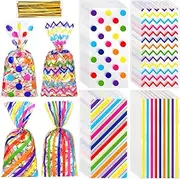 PQCLXUYA 100Pcs 10.6 x 5.1 In Cellophane Treat Bags,Plastic Candy Cookie Gift Bags with Twist Ties Stripes Polka Dot Printed Pattern Goodie Bags for Birthday Weddings Party Favors (Colorful)