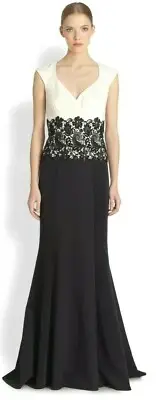 Tadashi Shoji Color Block Beaded Lace Waist Black Snow White Stretch Crepe Gown