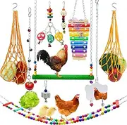 10PCS Chicken Toys for Coop, Chicken Xylophone Grinding Stone Pecking Swing Flexible Ladder String Bag Vegetable Hanging Skewer Feeder Mirror Toys for Hens for Chicken Coop Accessories
