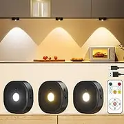 Rechargeable Puck Lights with Remote, 3 Colors Under Cabinet Lighting Wireless, 1500mAh LED Push Lights with Timer & Dimmer, Stick on Lights Under Cabinet for Kitchen, Closet, Shelves (3 Pack)
