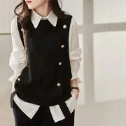 Long-Sleeve Plain Button-Up Shirt / Plain Crew Neck Sweater Vest Vest - Black - One Size