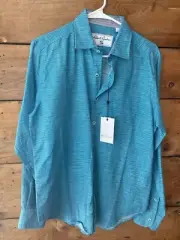 Robert Graham Shirt Mens S Brixton Turquoise Classic Fit Linen Blend