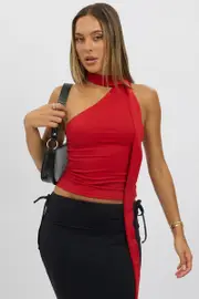 Red One Shoulder Top Scarf Neck - Size 12M, Women's Top