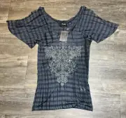 Miss Me Womens L Blue Stripe Rhinestone Short Sleeve Blouse New Light Sheer