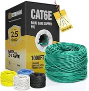 Cat6e Enhanced Ethernet Cable 1000 FT Box 24AWG, PVC-CMR Insulated Solid Bare Copper Internet Cable 600 MHz, Provides High-Speed 10Gbps, UTP Bulk Ethernet Riser Cable with Fast Reel, Green