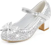LAURMOSA Princess Shoes High Heel Toddler Girls Dress Shoes Cute Bowknot Sparkle Mary Jane Flower Girls Wedding Birthday Party Prom for Little Big Kids