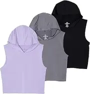 [Real Essentials] 3 Pack: Womens Dry Fit Athletic Hooded Active Shirt Cropped Tank Top Sleeveless Hoodie (Available in Plus)