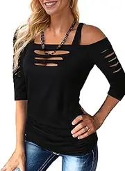 [Bellelily] Sexy Cut Out Cold Off Shoulder Tops for Women T-Shirt Distressed Half Sleeve Square Neck Blouse Summer Rock Tee