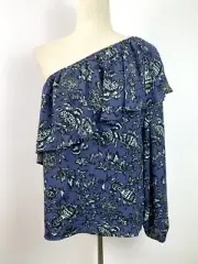 Belle & Sky Womens Blouse Sz Medium One Shoulder Top Blue Floral