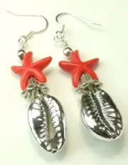 Red Howlite Starfish Earrings & Cowrie Shells Handmade