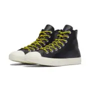 Converse Black Leather Mens 9.5 Womens 11.5 With Yellow & Black Laces