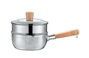 2 Quart Stainless Steel Pan w/ Steamer Traditional Japanese Saucepan Wood Handle