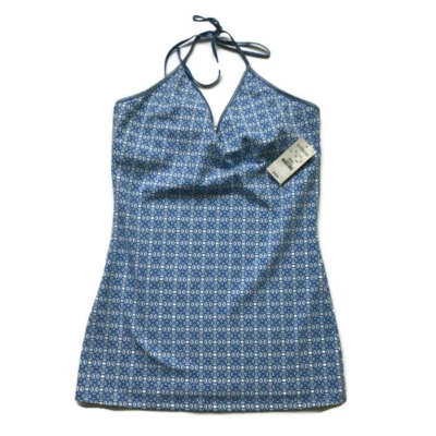 Express Sexy Basic Halter Womans Small Blue White Cami Built in Bra Tie Straps