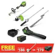 GREENWORKS 60V 1 x 4.0Ah Multi Tool + Blower + Head Trimmer Attachment + Polesaw Attachment + Charger Kit 1305707AU