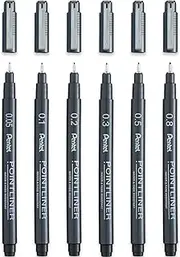 Pentel S20P Pointliner Pigment Liner Technical Drawing Fineliner Pen - 0.05mm, 0.1mm, 0.2mm, 0.3mm, 0.5mm, 0.8mm - Black Ink - Pack of 6
