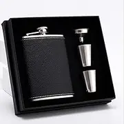 ROIMOE Stainless Hip Flask Gift Set 8 Oz Hip Flask with Black Leather Cover Portable Steel Hip Flasks for Liquor with 2 Cups & Funnel Whiskey&Rum &Vodka Flasks for Drink Bar BBQ and Traveling