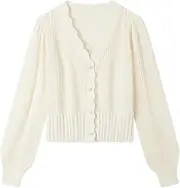 [Generic] Women's V-Neck Lace Patchwork Short Puffy Sleeve Hollowed Out Long Sleeved Knitted Cardigan Solid Color Casual Loose Long Sleeved Cardigan Jacket