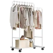 Thicken Metal Double Rail Clothes Hanging Rack Rolling Garment Rack Shoe Storage