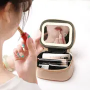 Small Makeup Bag Travel Case with Mirror and Adjustable Light-Beige