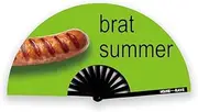 [House Of Rave] Brat Summer - UV Glow Brat Fan - Funny Rave Fan - Large Festival Fan for Women & Men - 13 Inch Folding Hand Fan - Real Wood, Brat Summer