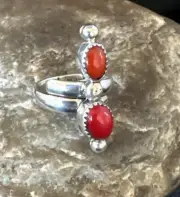 Red Coral Adjustable Ring Navajo Sterling Silver 2 Stone Size 6.5 15335