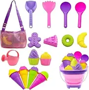 Kids Beach Toy Ice Cream Sand Toys Toddler Vacation Travel Essentials with Collapsible Bucket Mesh Bag Shovels Sand Molds Watering Can Outdoor Sandbox Toys Set for Baby Boys Girls