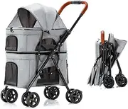 Foldable Dog Pram Pushchair with Skylight Doublelayer Pet Stroller 4 Wheels Cat Travel Cart Pushchair Breathable Travel Carrier Pet Dog Pram Stroller for 2 Dogs/Cats(Color:Grey a)