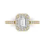 14K Yellow Gold Halo Anniversary Ring, 1.92 ct Emerald Cut Simulated Diamond
